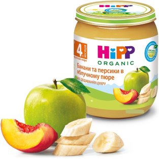 HIPP Пюре фруктовое Бананы и персики в яблочном пюре 125г - 1